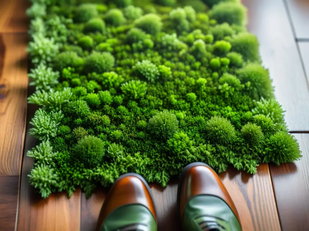 Detalles fascinantes de alfombras de musgo para interiores en suelo de madera pulida, creando un contraste visualmente impactante y elegante