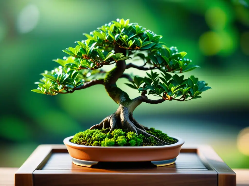 Bonsái: Hojas verdes con texturas y gotas de agua Detalles fascinantes de un bonsái con hojas vibrantes, texturas y gotas de agua, enfocando en la belleza del bonsái