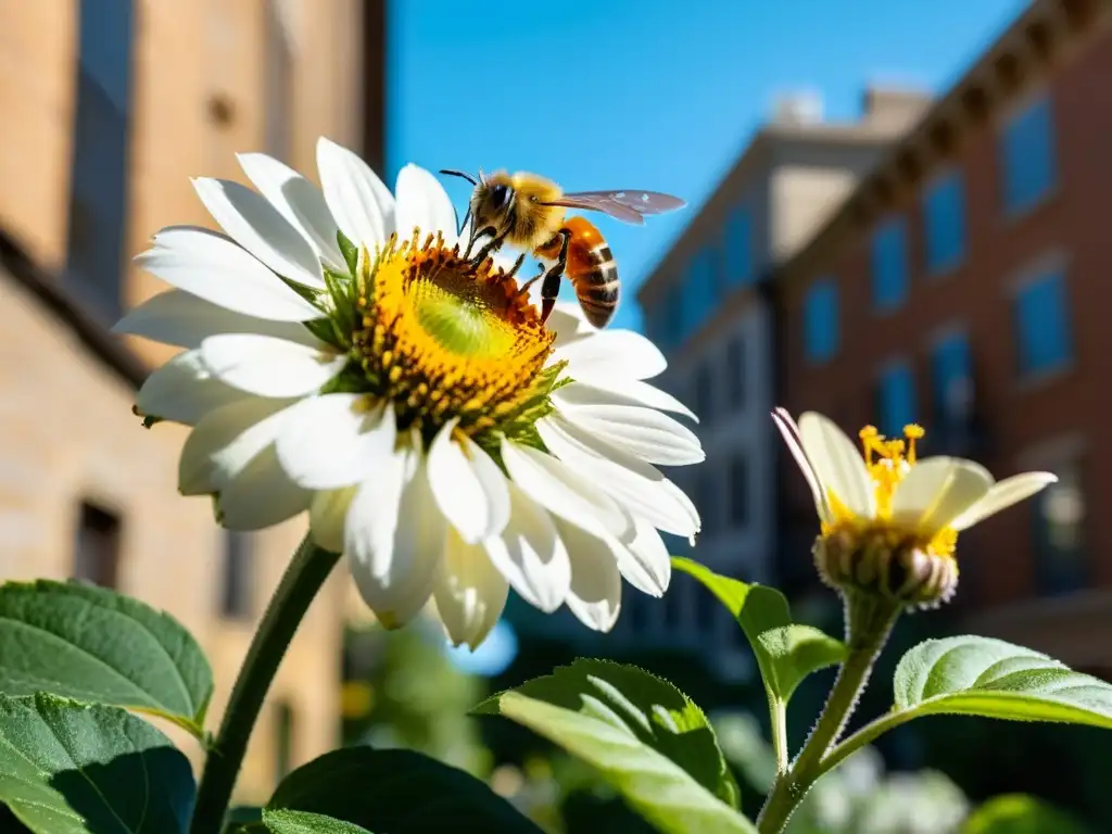 Detalles de una flor vibrante en un jardín urbano, atrayendo abejas y mariposas urbanas con su belleza serena