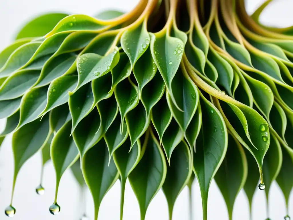 Detalles de gotas de agua en raíces de planta verde, destacando el ciclo del agua en plantas de interior