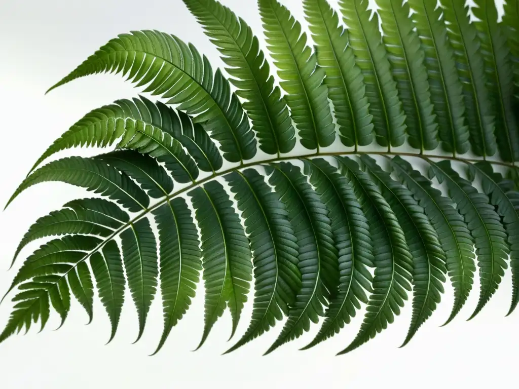 Detalles de helecho verde exuberante en un fondo blanco, iluminado suavemente resaltando sus patrones