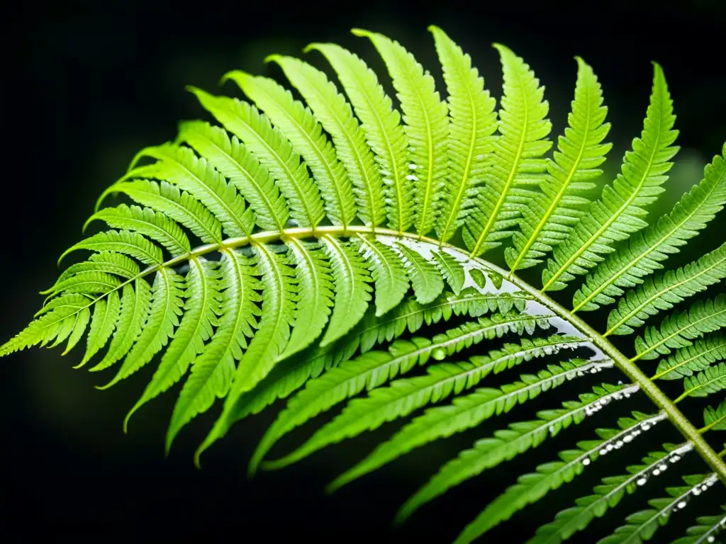 Detalles de helecho verde con gotas de agua, resaltando su belleza natural