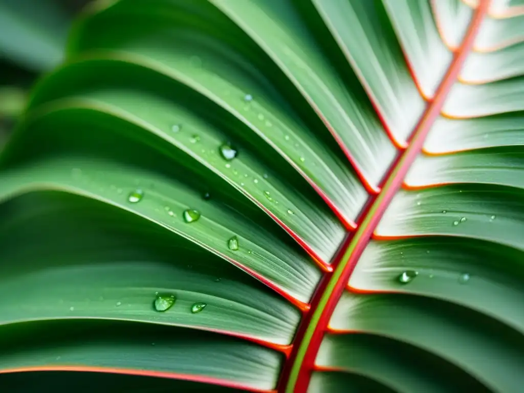 Detalles de una hoja de Dracaena Marginata con patrón de colores verde y rojo, agua y luz natural, transmitiendo serenidad y belleza