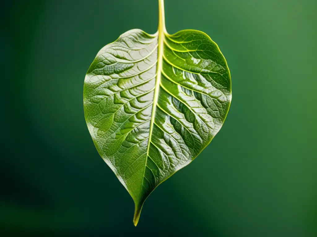 Detalles de una hoja de planta de interior verde con señales de deficiencias nutricionales, sobre fondo minimalista