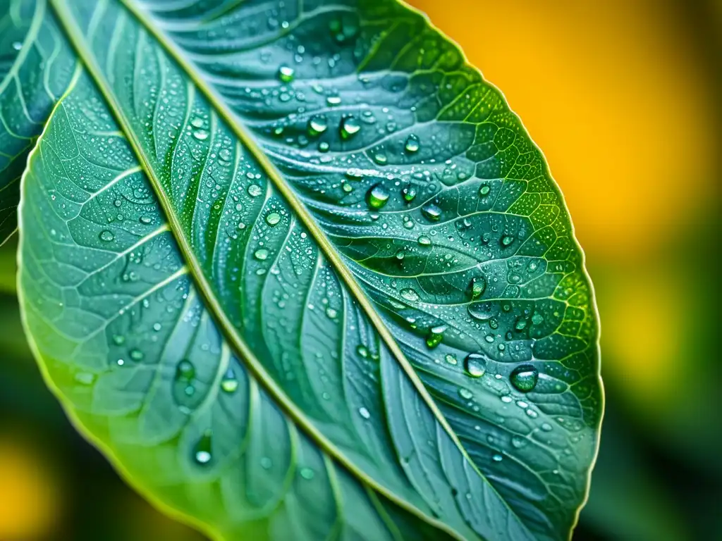 Detalles de una hoja de planta de interior verde vibrante con gotas de agua, resaltando la importancia del riego para su vitalidad