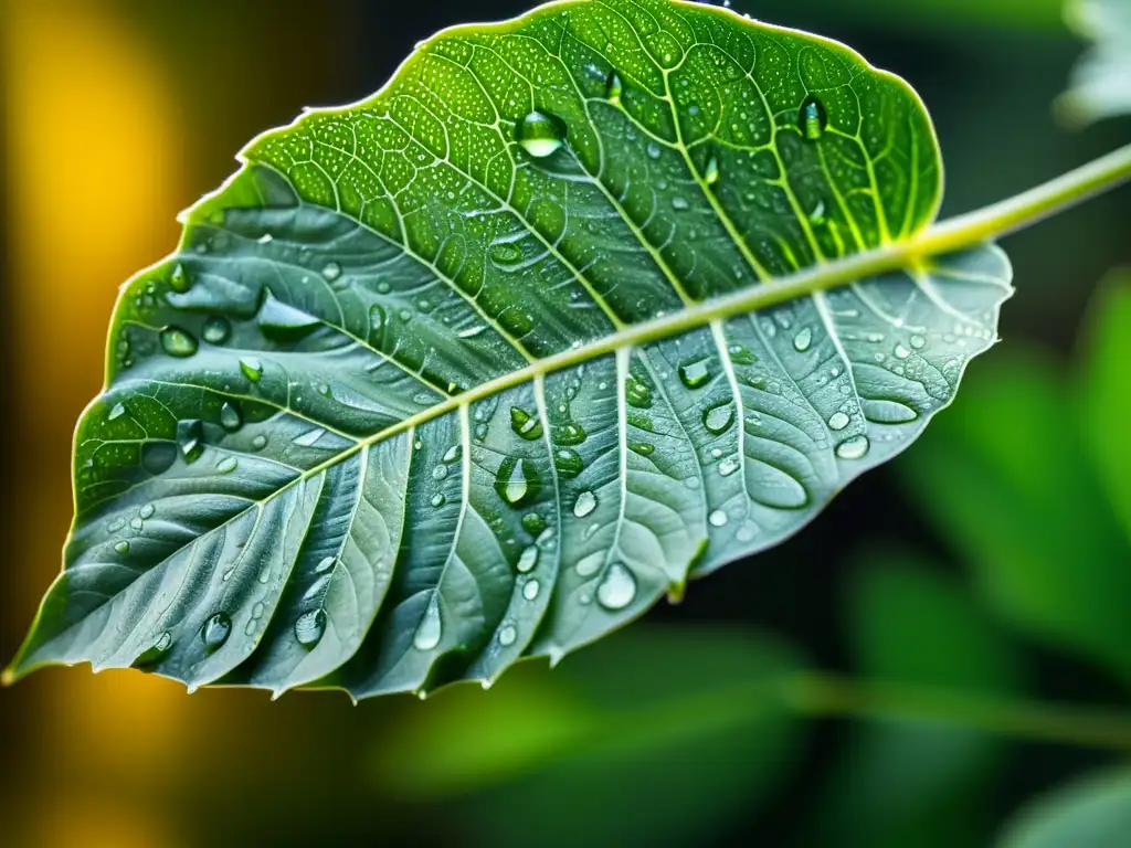 Detalles de una hoja sana de planta de interior, con patrones de venas y gotas de agua, iluminada por luz natural