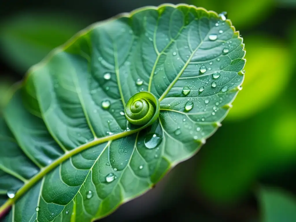 Detalles de una hoja verde desplegándose de un capullo, con gotas de agua brillantes