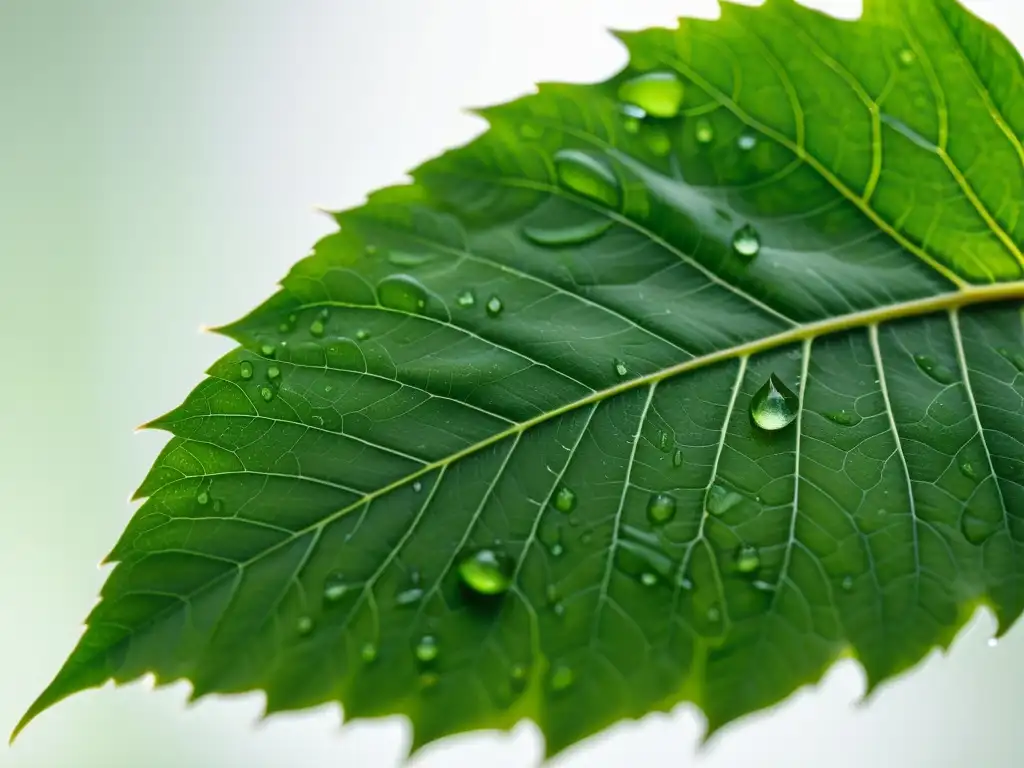 Detalles de una hoja verde vibrante con delicadas venas y gotas de agua