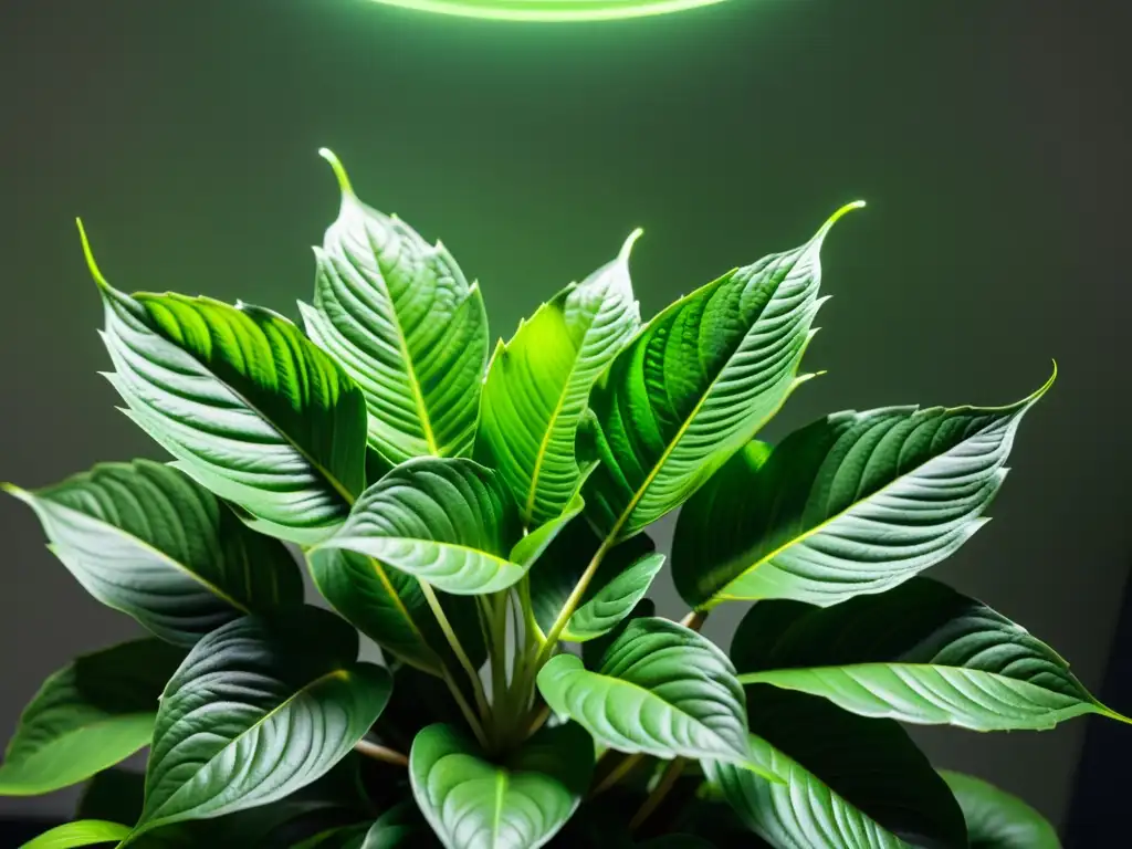 Detalles de hojas verdes vibrantes bajo luz LED, mostrando los beneficios tecnología LED para plantas con crecimiento saludable y follaje exuberante