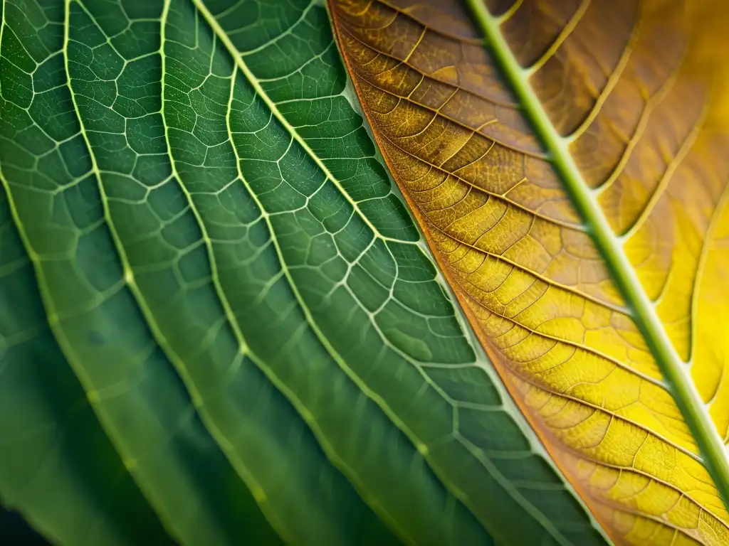 Detalles impresionantes de una hoja dañada, resaltando su belleza en la imperfección