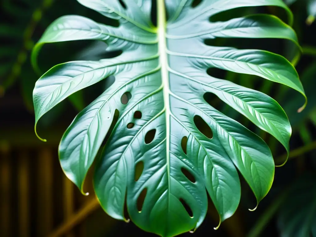 Detalles impresionantes de una hoja exuberante de monstera, resaltando su belleza natural