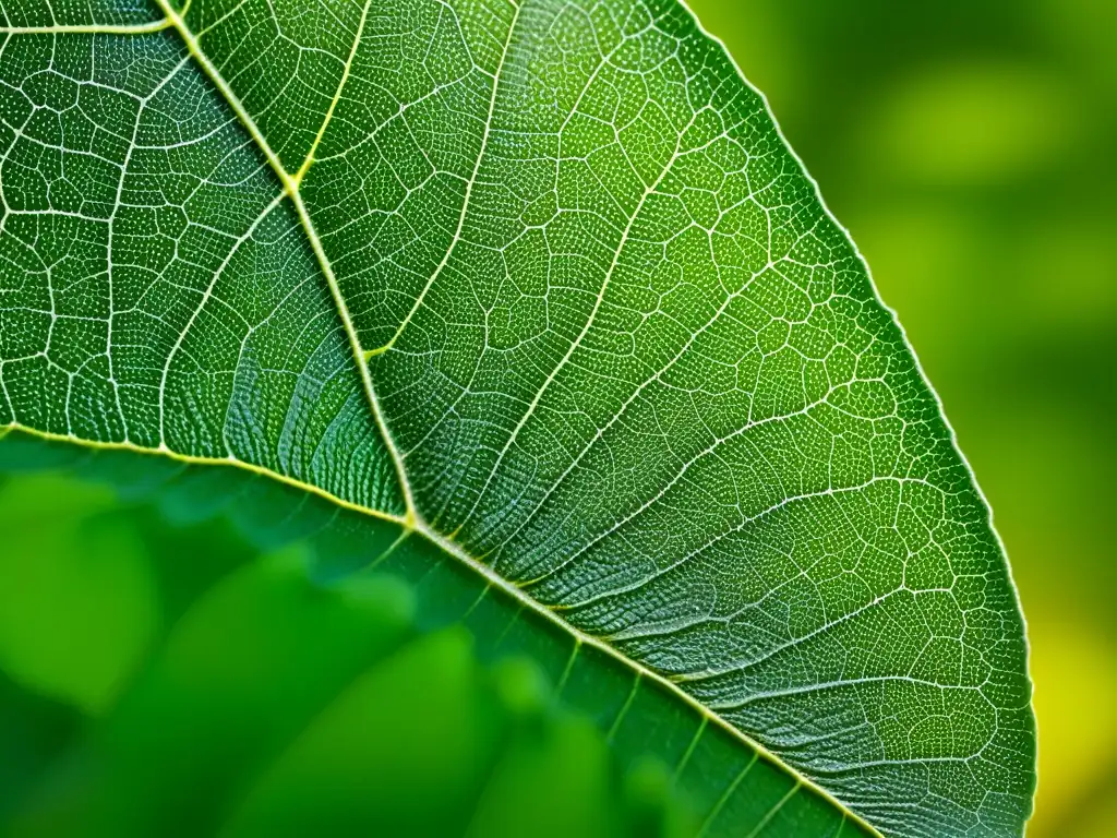 Detalles impresionantes de hoja verde sana bajo microscopio, revelando red de células y clorofila