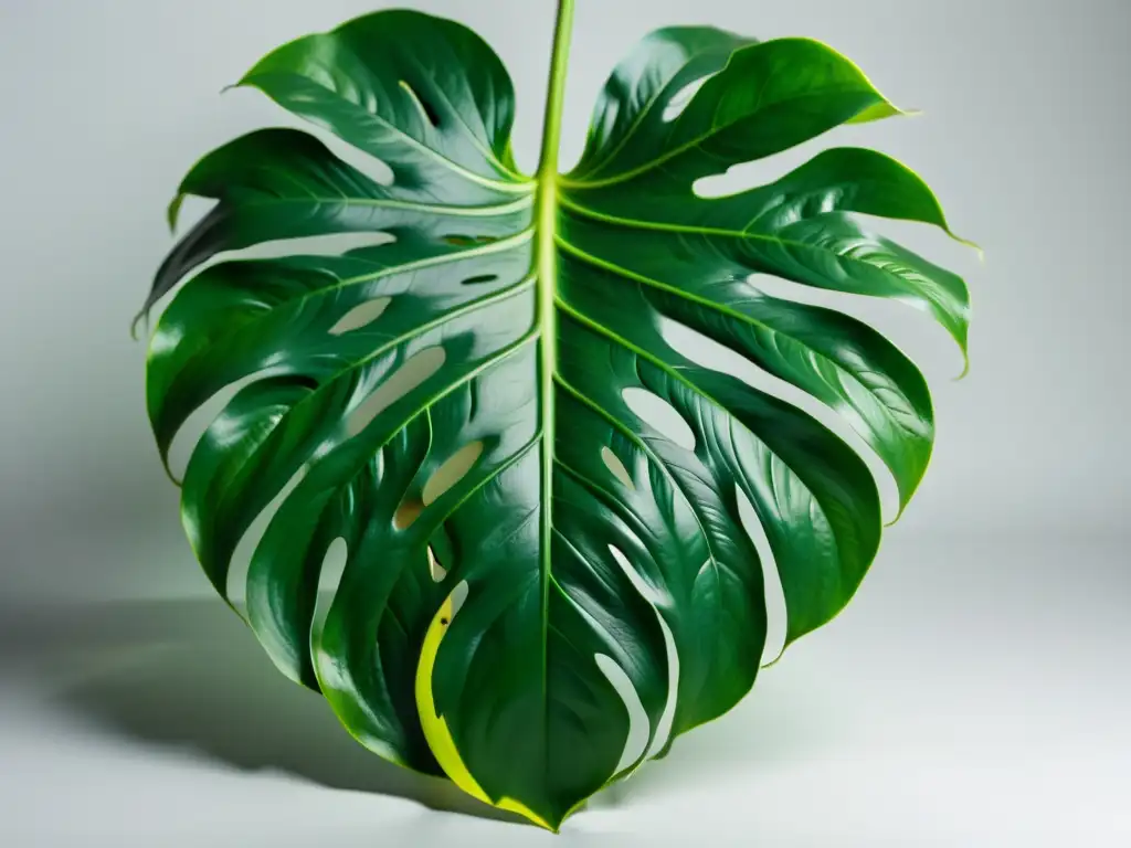 Detalles impresionantes de una hoja vibrante de Monstera deliciosa en un fondo blanco, aclimatando Ficus y Monstera en interiores