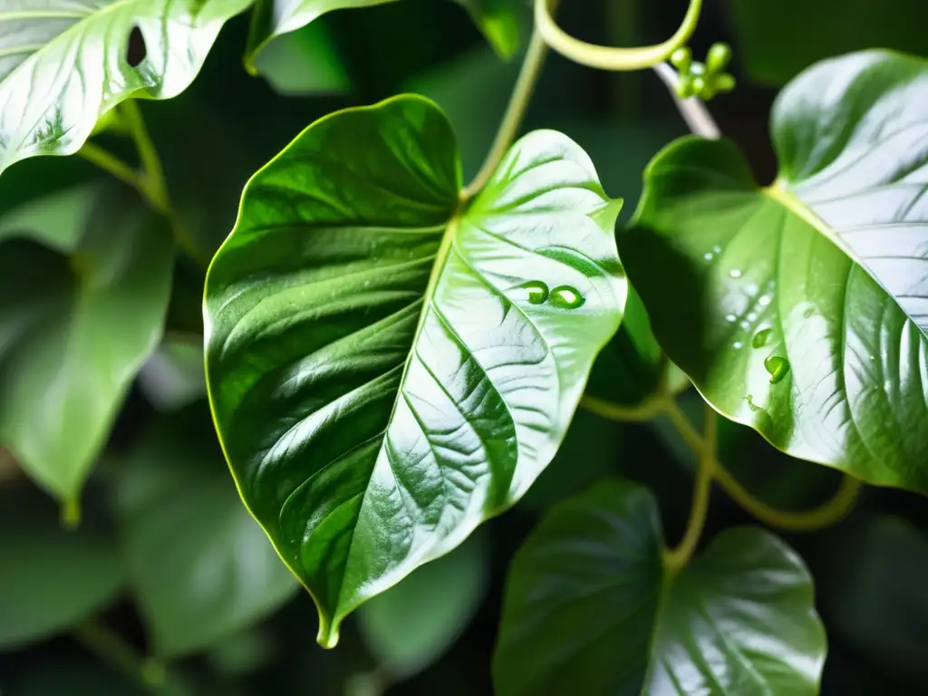 Detalles impresionantes de hojas variegadas y delicadas en un pothos saludable, bañadas por la luz solar