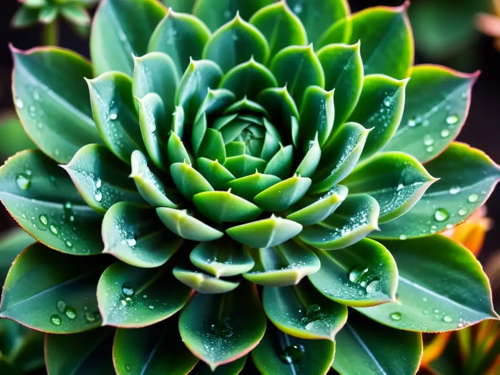 Detalles impresionantes de planta suculenta con gotas de agua, evocando la belleza y resistencia de las plantas de interior resistentes al aire seco