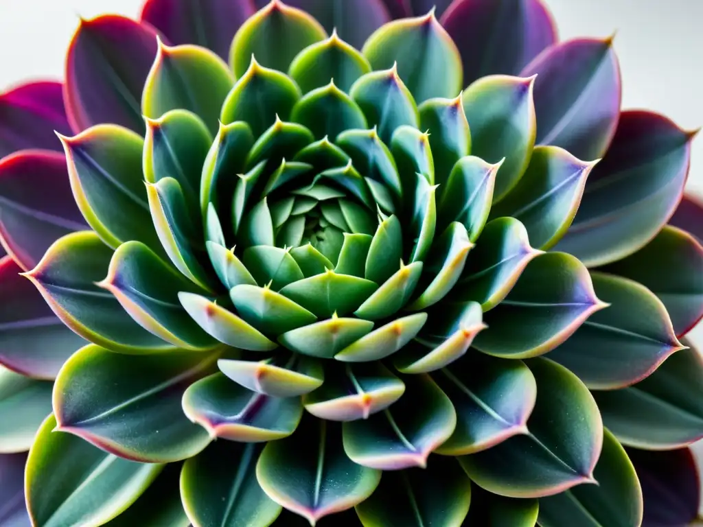 Detalles impresionantes de una suculenta rara con hojas geométricas en tonos de verde y morado