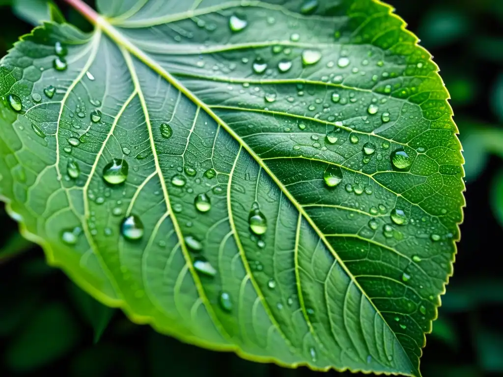 Detalles increíbles de una hoja verde exuberante con gotas de agua, mostrando la belleza de plantas de poca luz cuidados