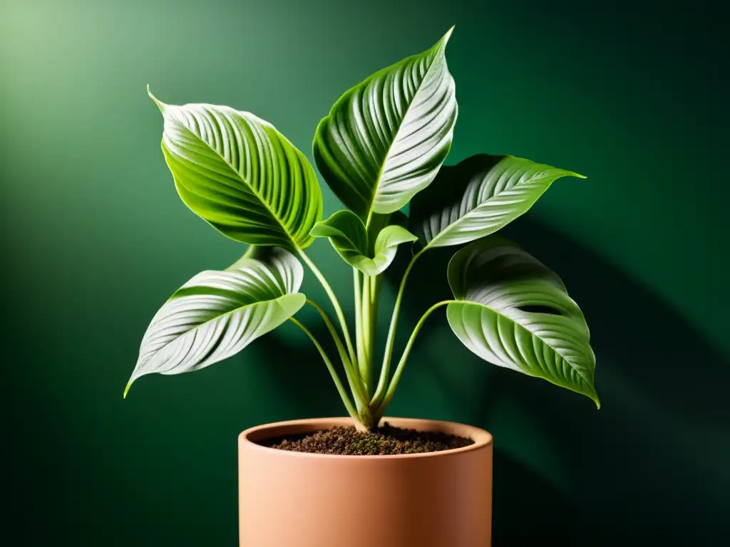 Detalles intrincados de una exuberante planta de interior, resaltando su belleza natural en un entorno minimalista