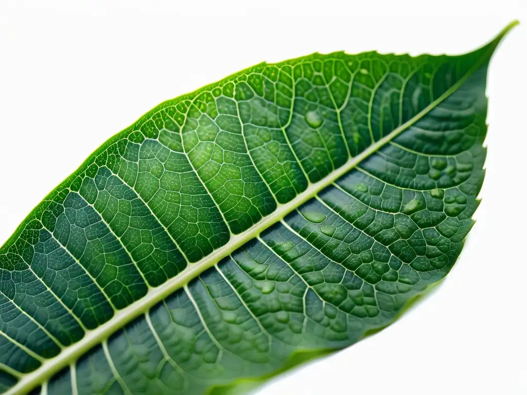 Detalles intrincados de una hoja verde exuberante, resaltando la recuperación de plantas de interior con texturas y patrones sorprendentes