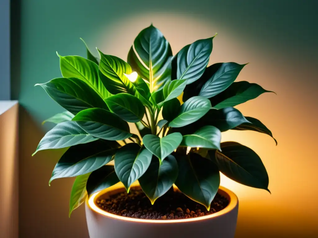 Detalles intrincados de una planta de interior verde bañada en cálida iluminación artificial, creando un ambiente sereno y acogedor