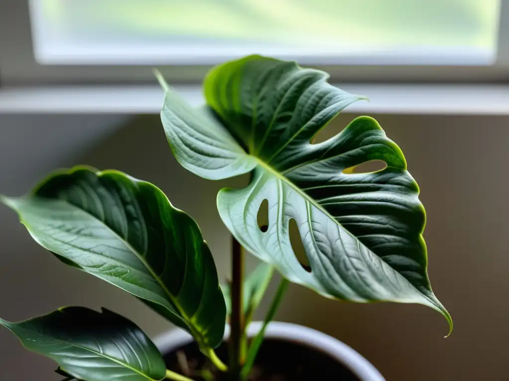 Detalles intrincados de planta verde en interior, fotografiando movimiento plantas interiores