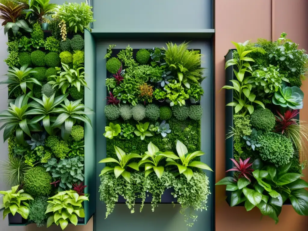 Detalles intrincados de un jardín vertical con materiales reciclados, resaltando su diseño sostenible y vibrante vegetación