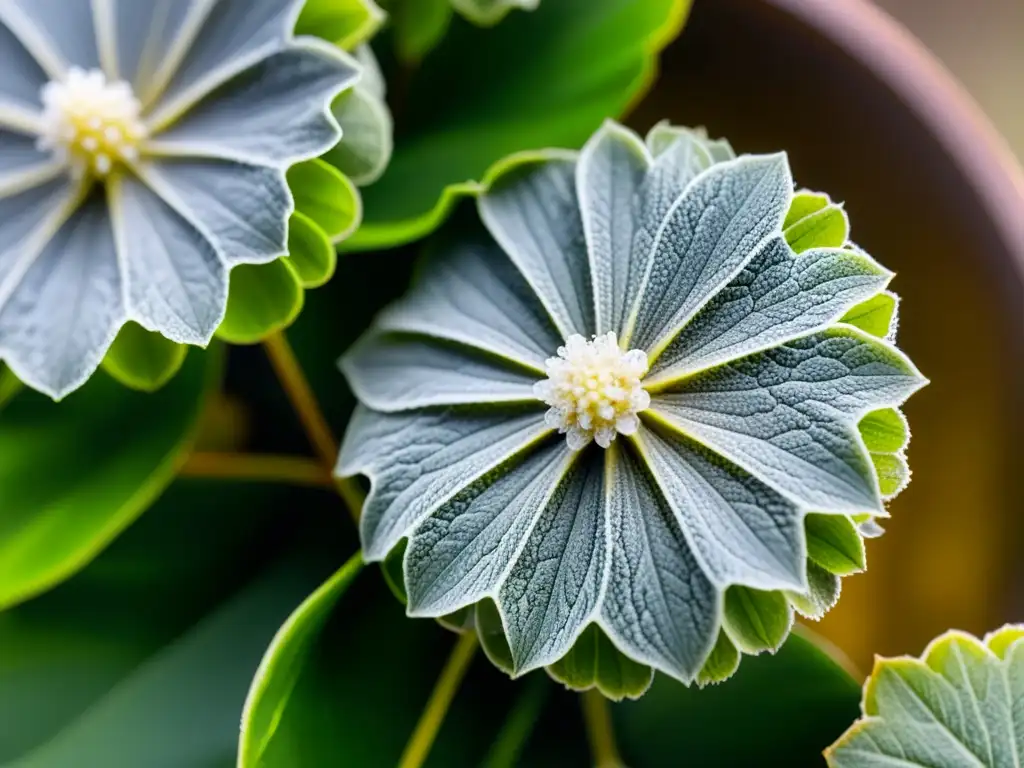 Detalles del moho gris (Botrytis cinerea) en hojas de planta de interior, con patrones web y textura difusa