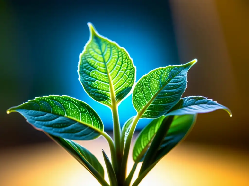 Detalles de planta de interior iluminada con LED, resaltando su belleza natural y la efectividad de la iluminación LED para plantas de interior