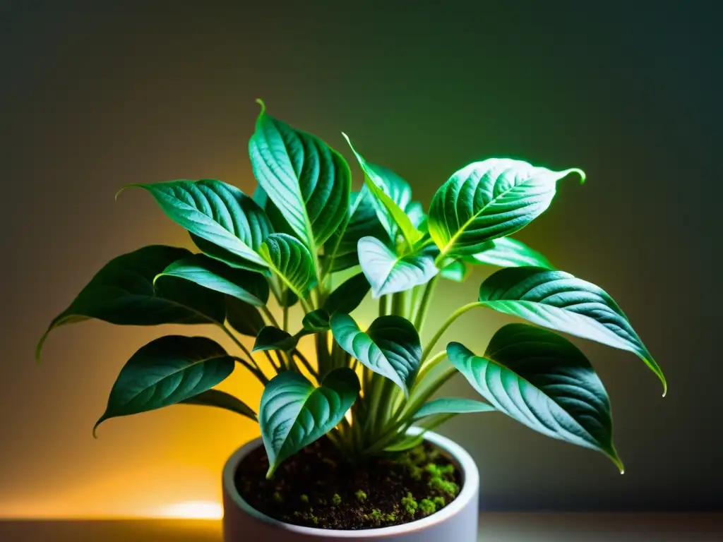 Detalles de una planta de interior bajo luces LED, una hermosa escena llena de serenidad y naturaleza