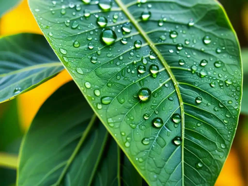 Detalles de planta verde con gotas de agua, demostrando prevención de plagas por exceso riego