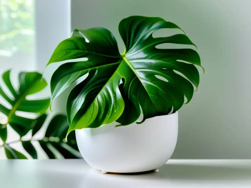 Detalles de planta de filodendro verde en maceta blanca con hidrogeles para plantas de interior, reflejando modernidad y cuidado efectivo