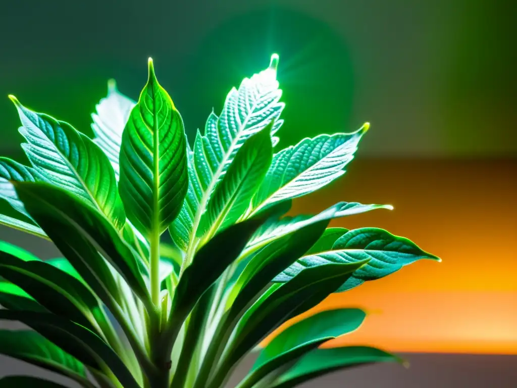 Detalles de una planta de interior verde vibrante iluminada por suaves luces LED para plantas, creando una atmósfera moderna y relajante