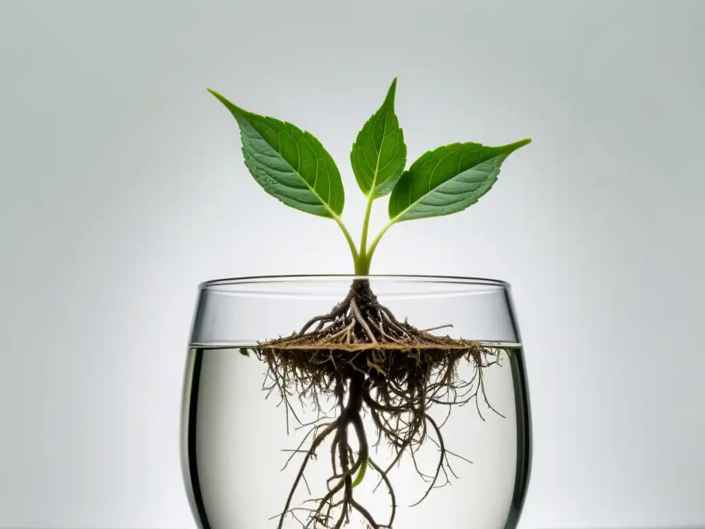 Detalles de raíces emergiendo en esqueje de planta sana en vaso de agua claro sobre fondo blanco