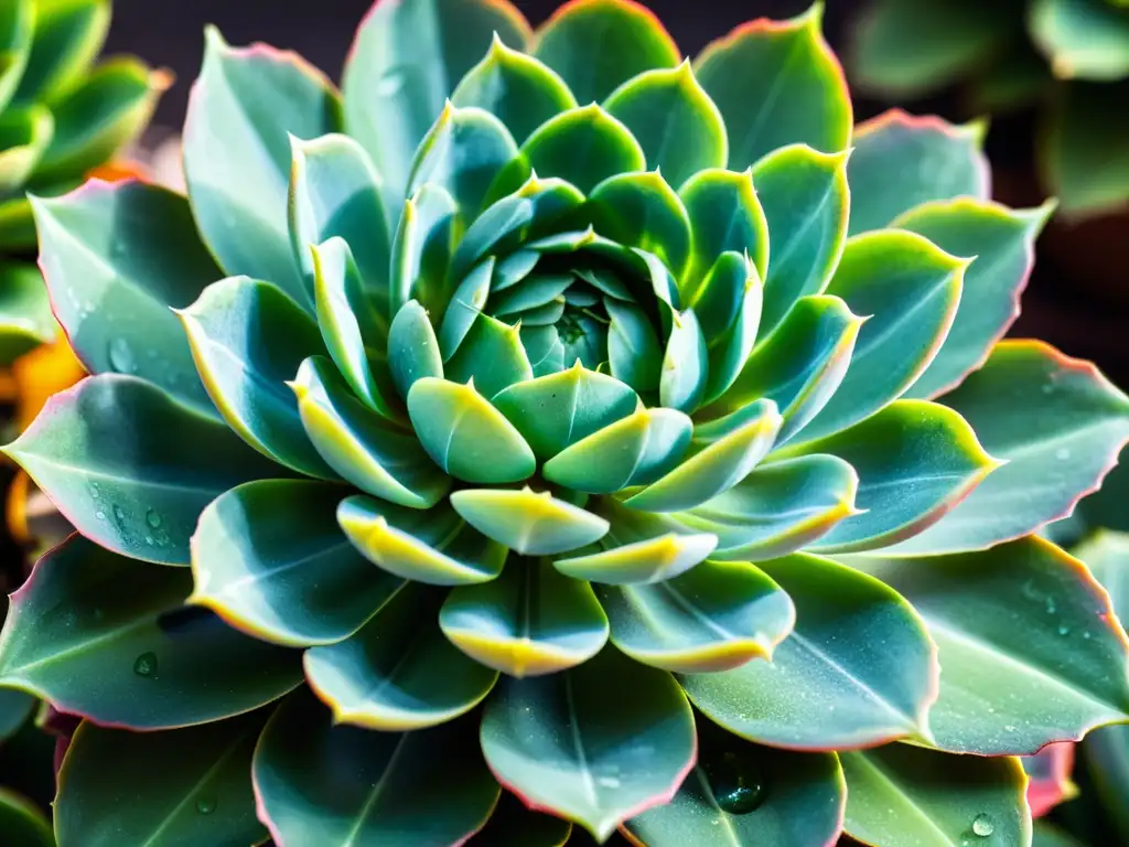 Detalles de una suculenta Echeveria verde con gotas de agua, creando una atmósfera serena y tranquila