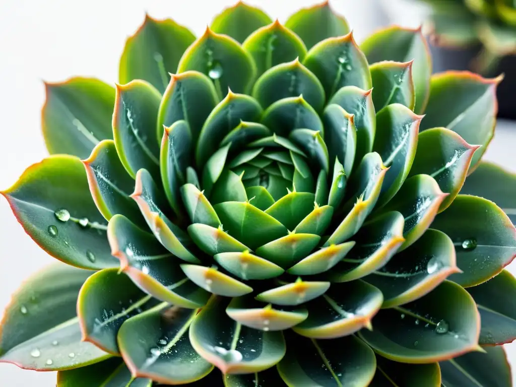 Detalles de una suculenta planta de interior verde, con gotas de agua brillando en sus hojas