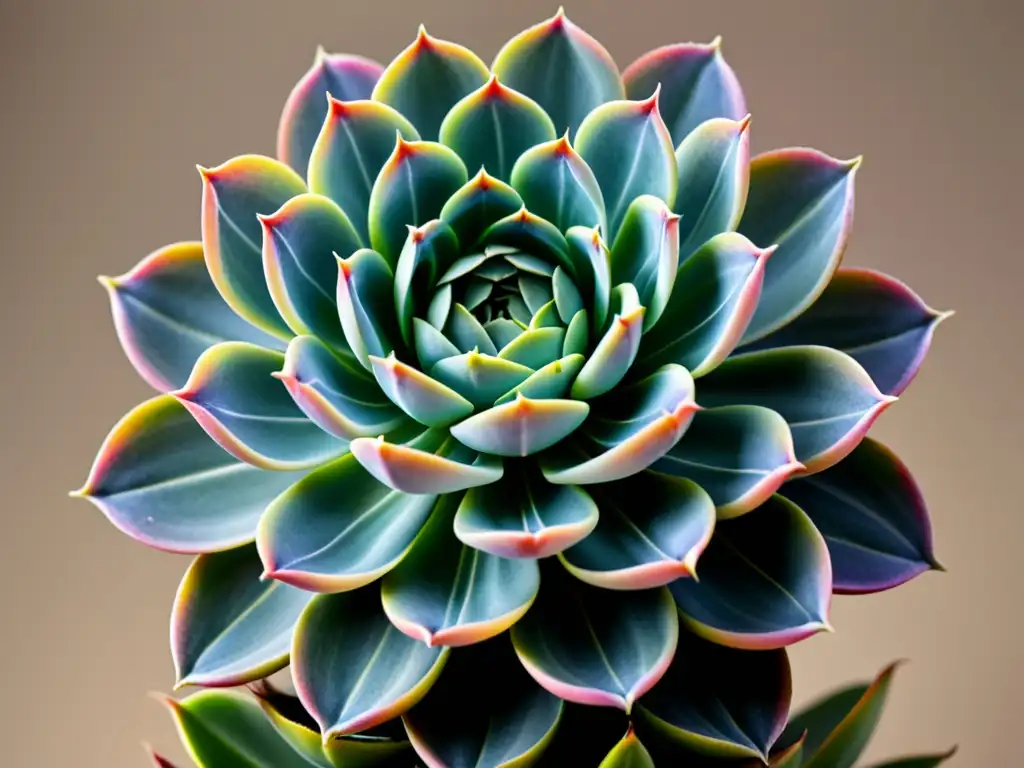 Detalles de la suculenta Echeveria 'Lola' con rosetas de lavanda y rosa sobre fondo neutro