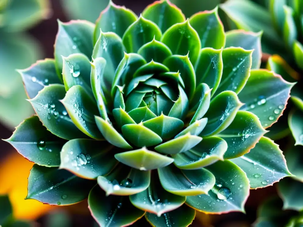 Detalles de una suculenta verde con gotas de agua, mostrando su resistencia al calor