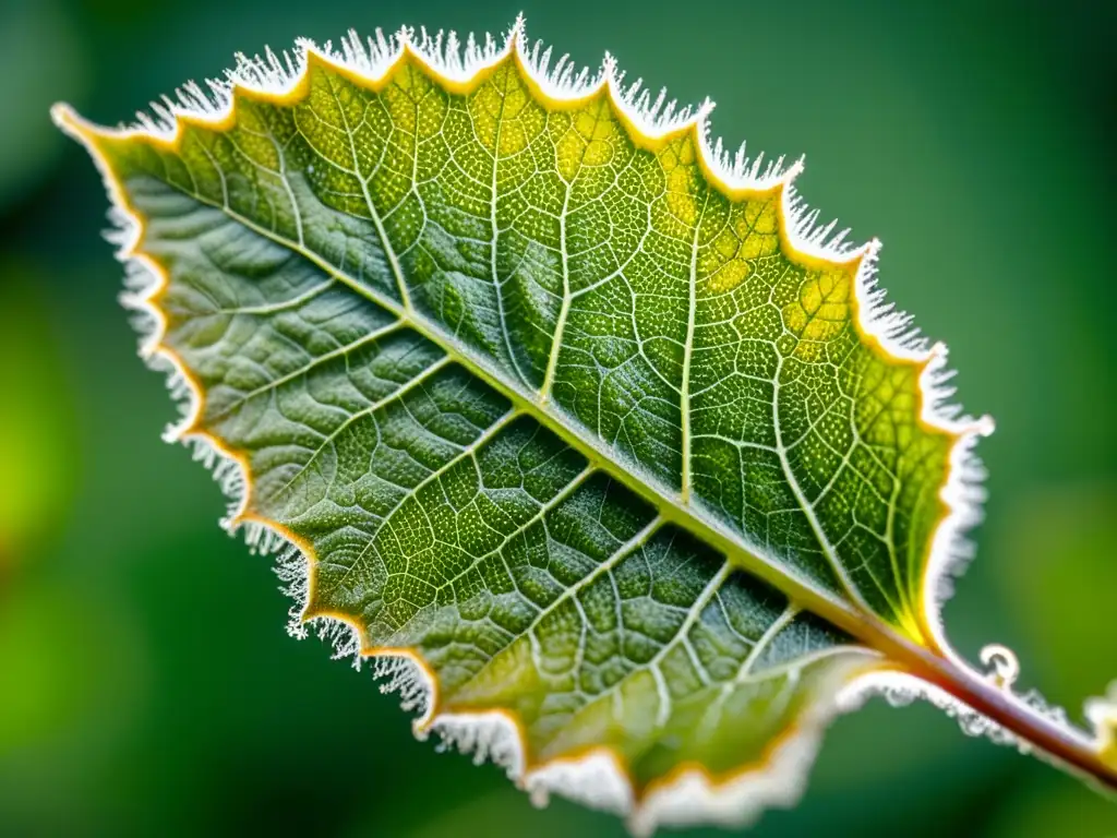 Detalles ultradetallados de un hongo Botrytis cinerea en una hoja verde, mostrando la naturaleza destructiva del hongo en plantas de interior