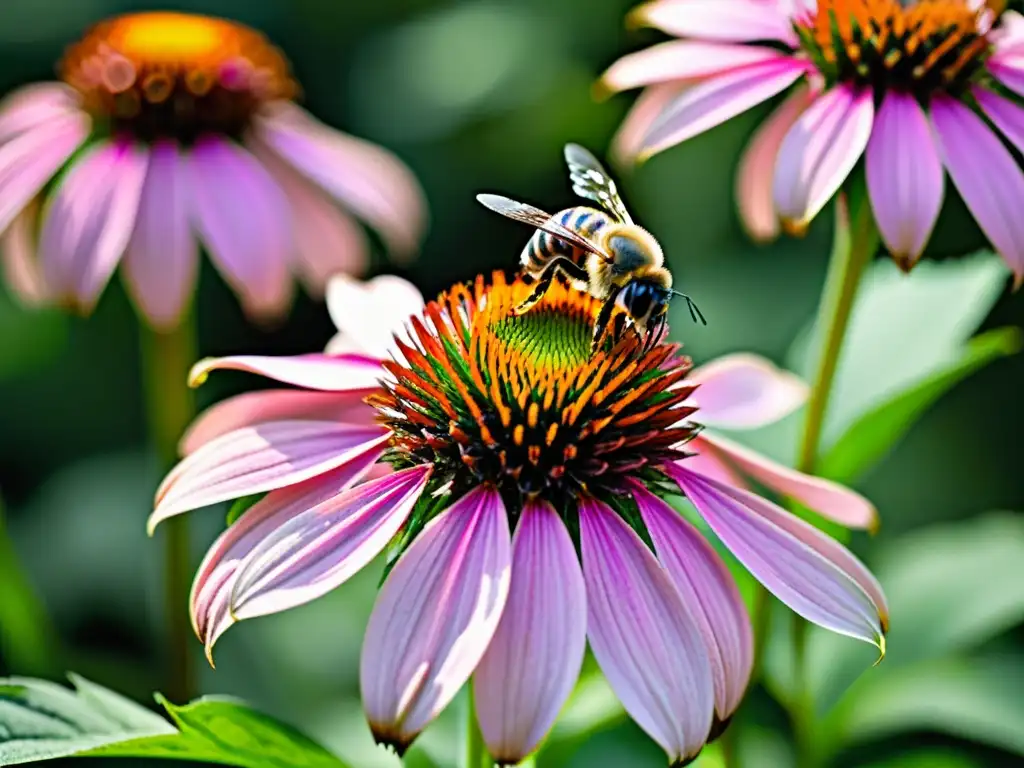 Detalles vibrantes de una equinácea morada atraen abejas y mariposas urbanas en un entorno natural exuberante