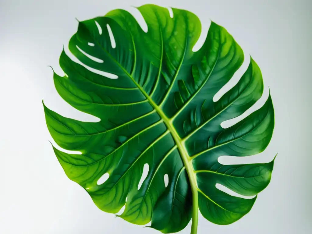 Detalles vibrantes de una hoja de monstera deliciosa en un fondo blanco, evocando historias de cuidado de plantas interiores