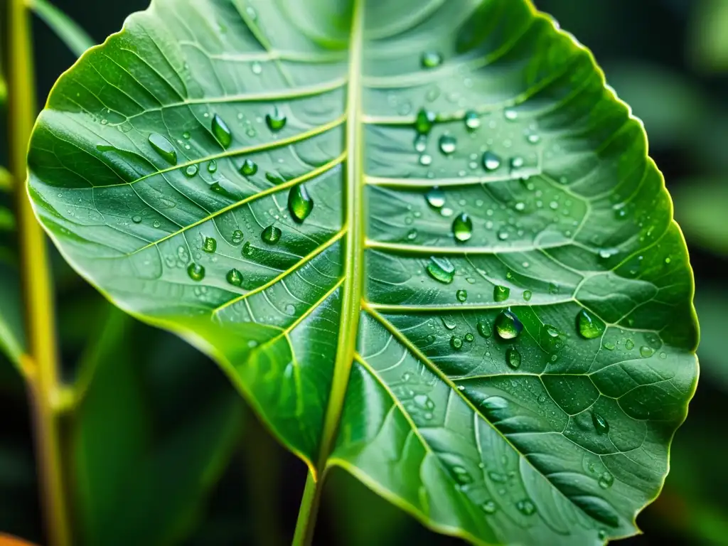 Detalles vibrantes de una hoja de planta de interior, con patrones de venas y gotas de agua