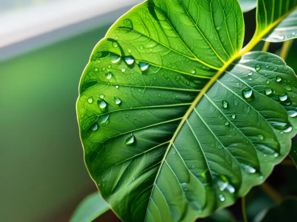 Detalles vibrantes de hojas verdes con gotas de agua, bañadas en luz natural, destacan los beneficios fitoncidas de las plantas de interior