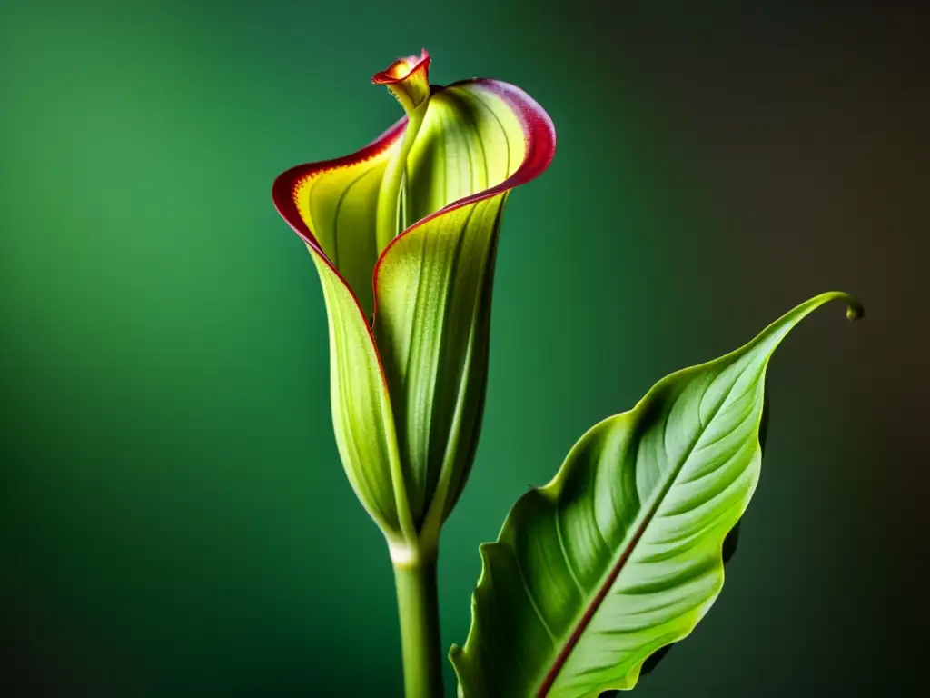 Detalles vibrantes de una planta carnívora en un fondo monocromático, realzando su belleza