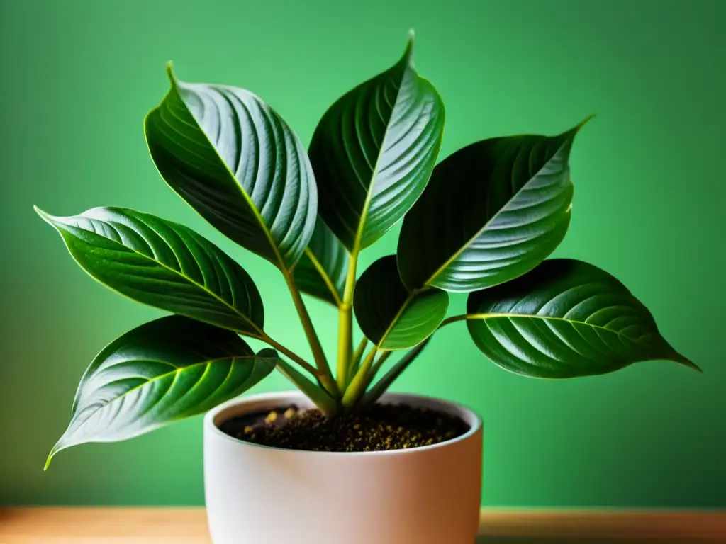 Detalles vibrantes de una planta de interior bien nutrida en suaves tonos verdes