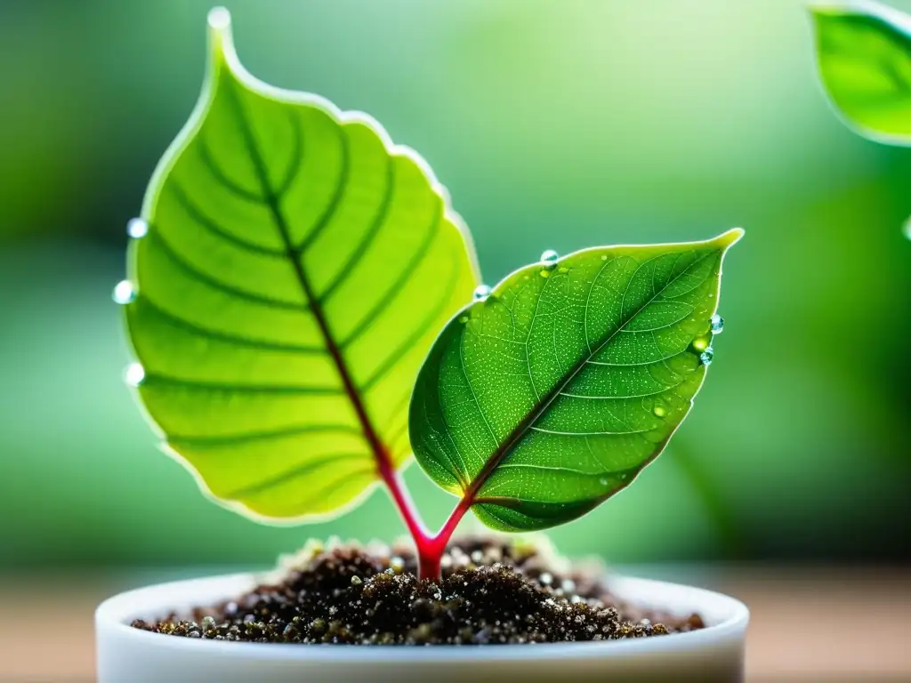 Detalles vibrantes de una planta de interior con hojas sanas rodeada de hidrogeles, iluminada por luz natural