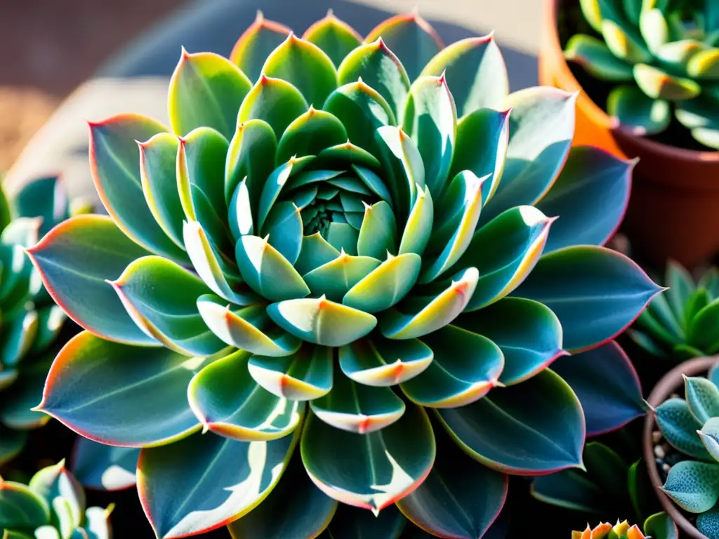 Detalles vibrantes de una suculenta Echeveria, sobreviviendo a la ola de calor, con patrones y texturas cautivadores