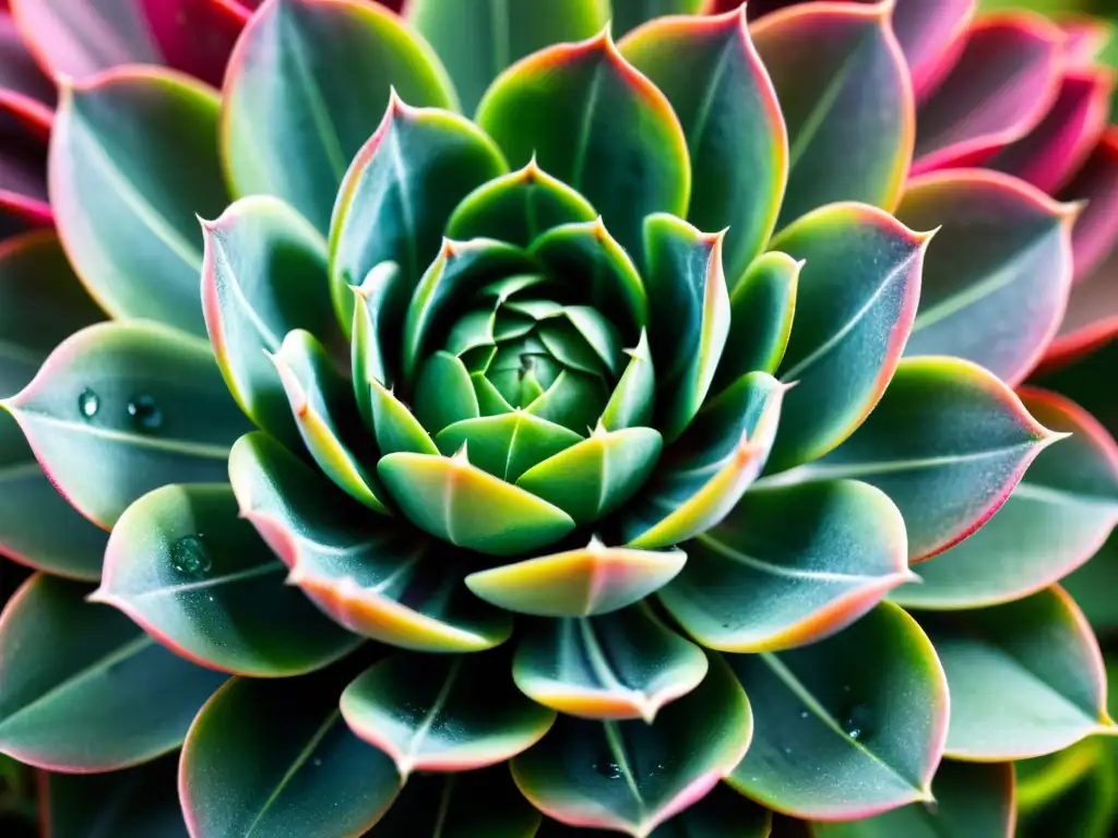 Detalles vibrantes de una suculenta rara con hojas variegadas en tonos de verde profundo y rosa