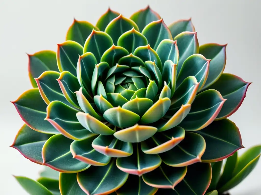 Detalles vibrantes de una suculenta verde sobre fondo blanco