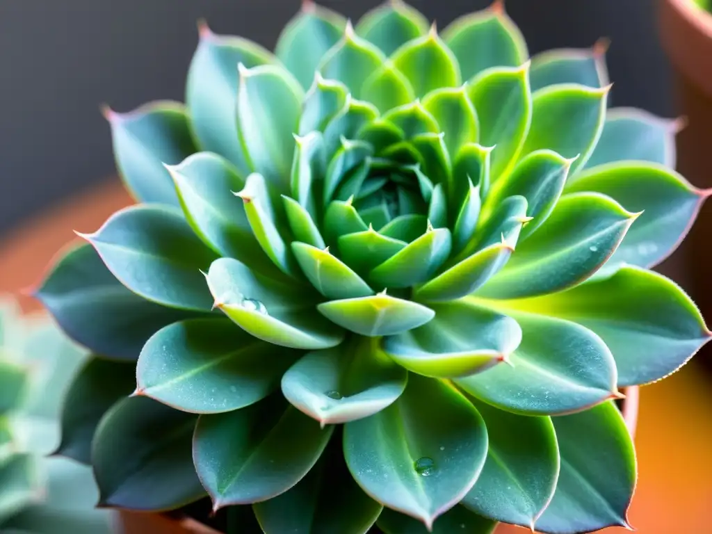 Detalles vibrantes de suculentas verdes bajo suaves luces LED para plantas de interior