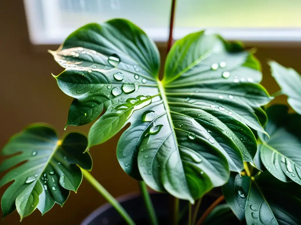 Detalles vívidos de planta de interior exuberante ajustar humedad con gotas de agua, iluminada por suave luz natural